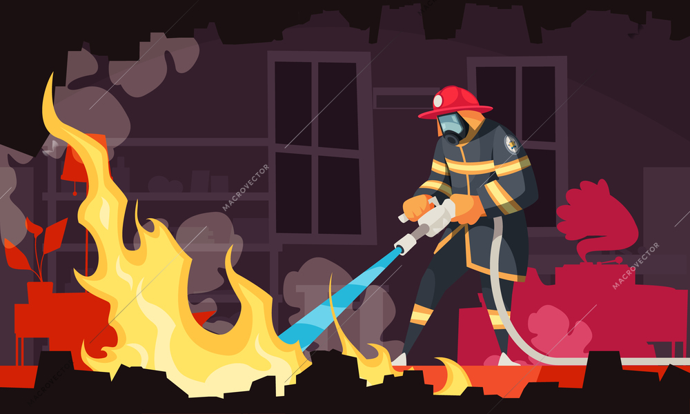 Firefighter wearing mask and helmet putting out fire with hose inside smoke filled room cartoon vector illustration