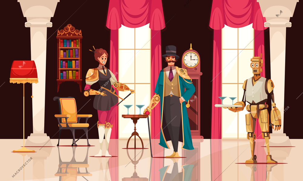 Steampunk people with robotic arms and robot servant in room in victorian style cartoon vector illustration