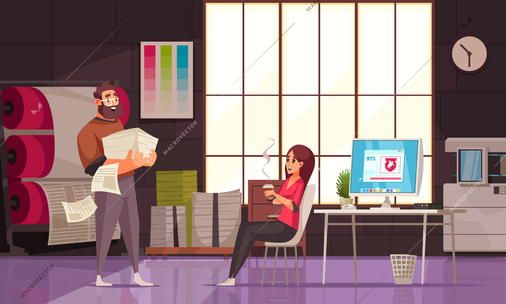 Modern printing house office with two human characters and machines cartoon vector illustration