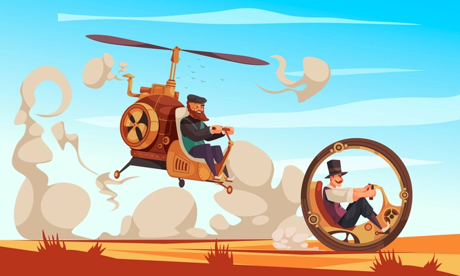 Two men driving vintage steampunk monowheel and flying car with rotor cartoon vector illustration