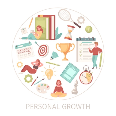 Personal growth self development round composition with isolated icons of productivity inside circle with editable text vector illustration
