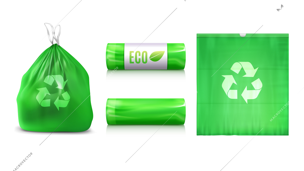 Eco plastic trash bags realistic set with isolated views of rubbish bags pack with recycle sign vector illustration