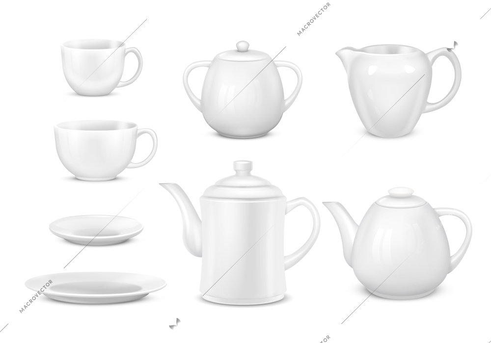 Set of isolated tea coffee realistic icons with shadows and closeup views of teapots and cups vector illustration