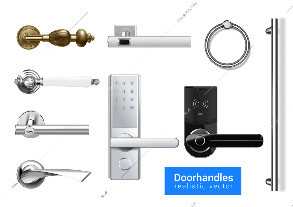 Set of isolated door knobs handles realistic icons with images of classic and modern digital handles vector illustration