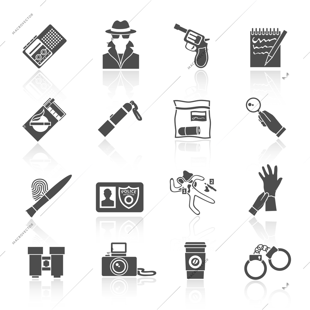 Police detective and crime evidence icons black set with handcuffs magnifier fingerprints isolated vector illustration