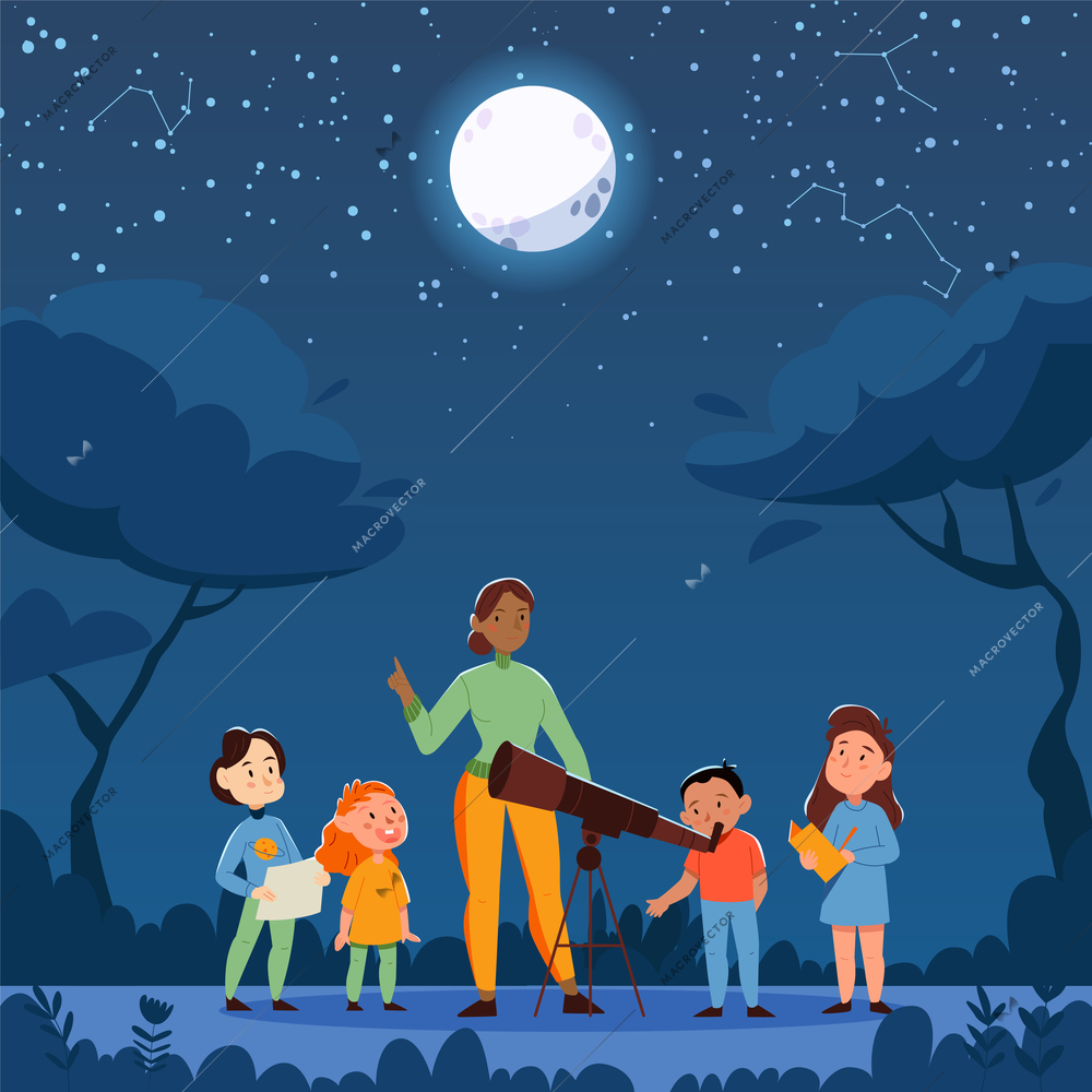 Nature study telescope composition with outdoor night scenery and group of kids with teacher and telescope vector illustration