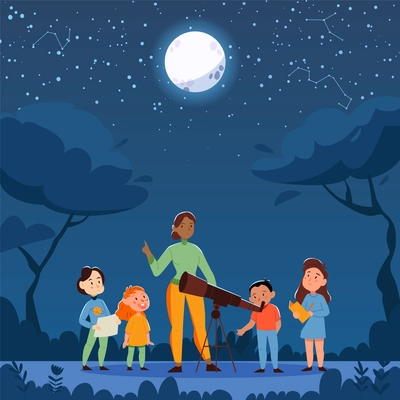 Nature study telescope composition with outdoor night scenery and group of kids with teacher and telescope vector illustration