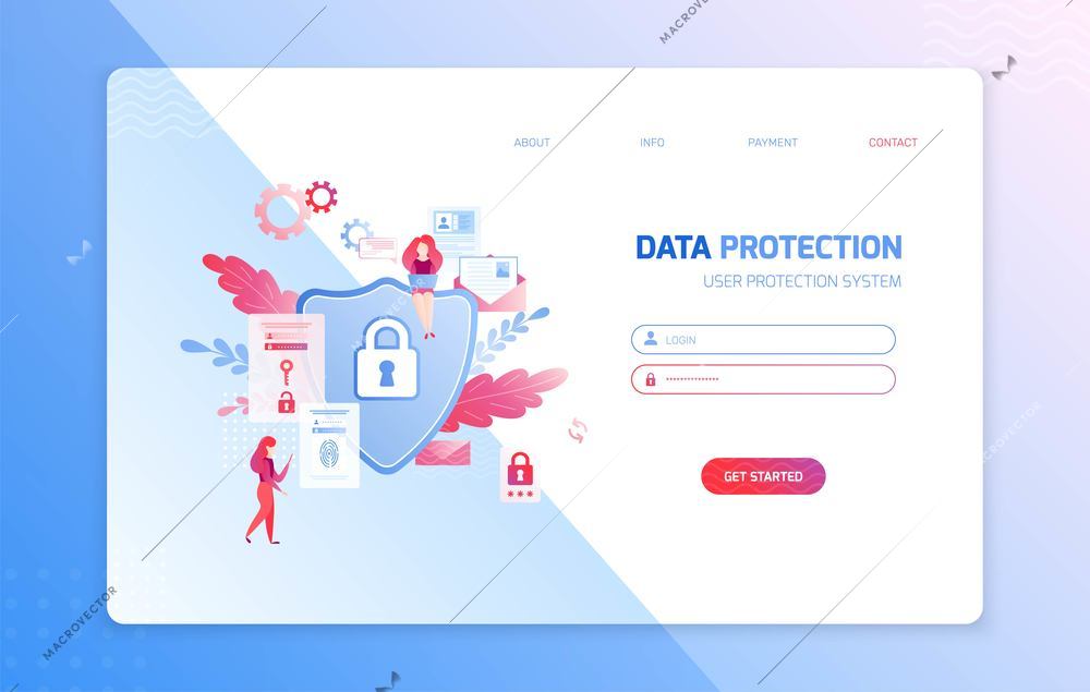 Data privacy web site landing page with flat icons clickable links editable text login and password vector illustration