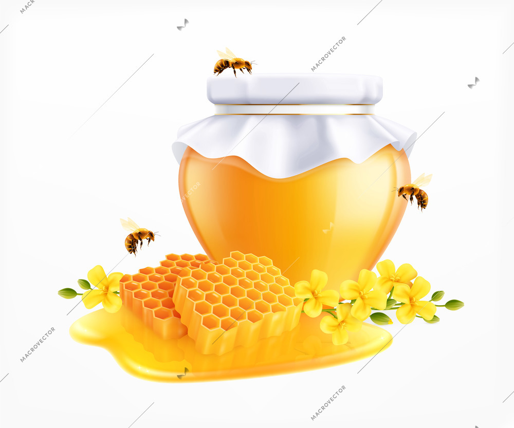 Honey realistic composition with isolated image of glass can with self made paper cap and bees vector illustration