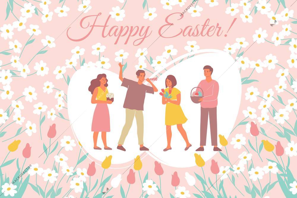 Easter card flat composition with human characters of festive people with ornate text and flowers images vector illustration