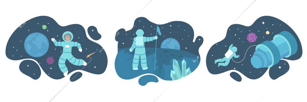 Astronaut set of flat compositions with views of outer space with human characters stars and planets vector illustration