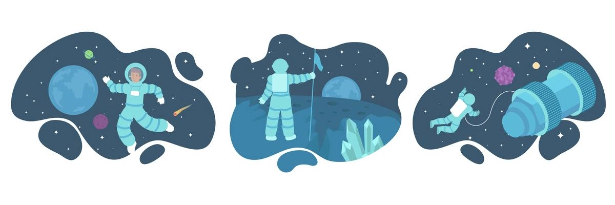 Astronaut set of flat compositions with views of outer space with human characters stars and planets vector illustration