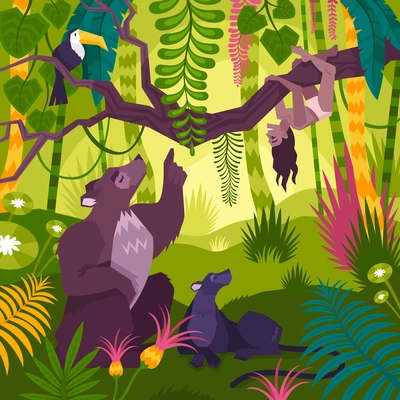 Mowgli landscape background with bear toucan and   panthera vector illustration