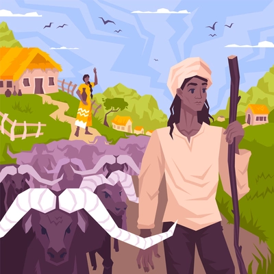 Mowgli coloring page flat composition with exotic village scenery with character of cattleman with horned animals vector illustration