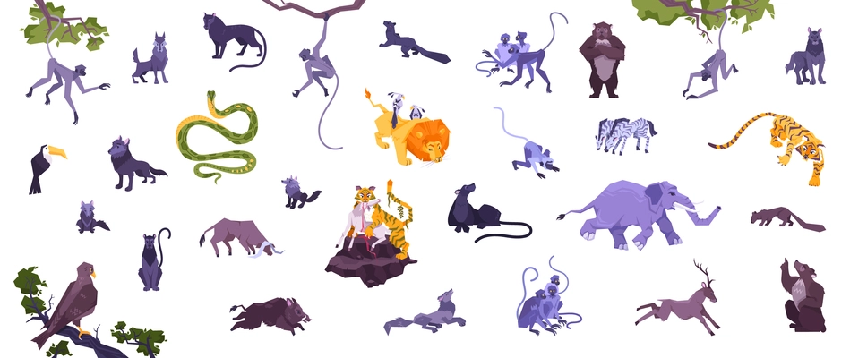 Animal set with flat isolated icons and characters of exotic animals monkeys predators snakes and birds vector illustration