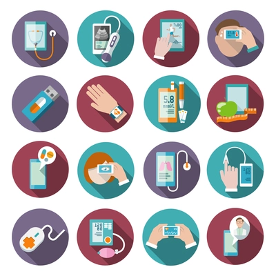 Digital health icons set of pocket therapist blood pressure monitor isolated vector illustration