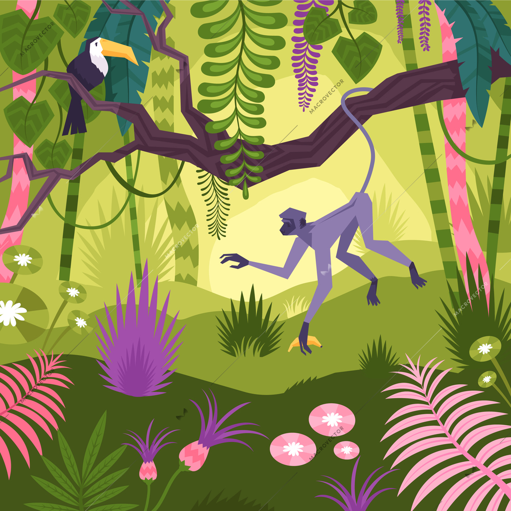 Jungle landscape background with tropical trees monkey toucan and flowers vector illustration