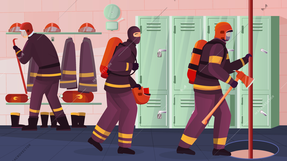 Firefighters station flat composition with indoor view of fire fighting office with lockers pole and hole vector illustration