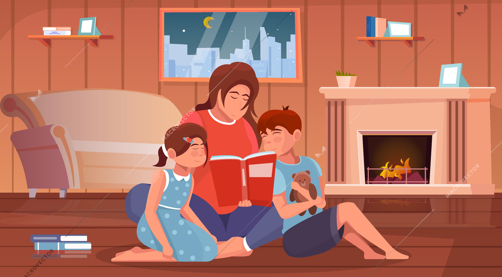 Mother reading book to her children in home interior flat background vector illustration