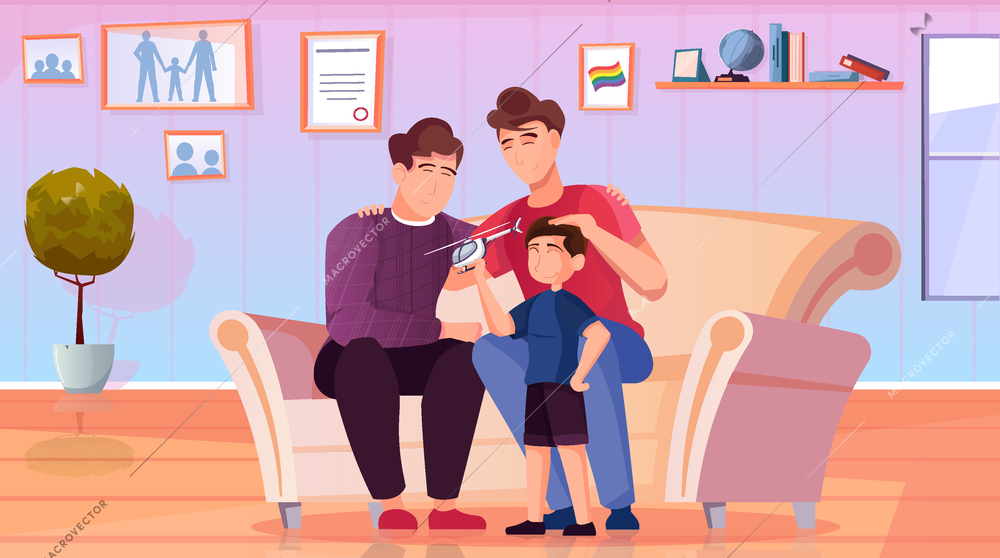 Happy homosexual family with child sitting on sofa flat background vector illustration