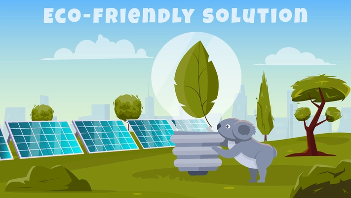 Eco friendly solution poster with cute cartoon animal examining electric light bulb at solar farm background vector illustration