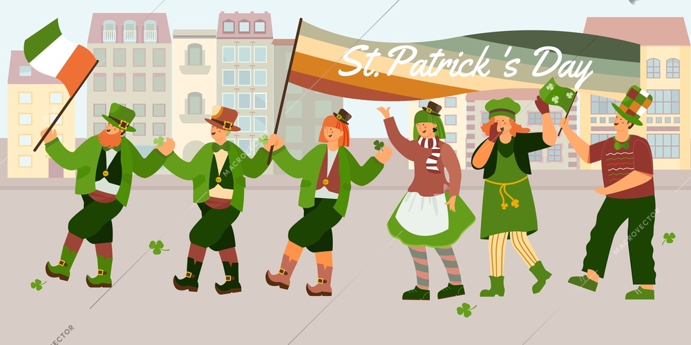 Patrick day parade composition with human characters of irish people walking down street with flags costumes vector illustration