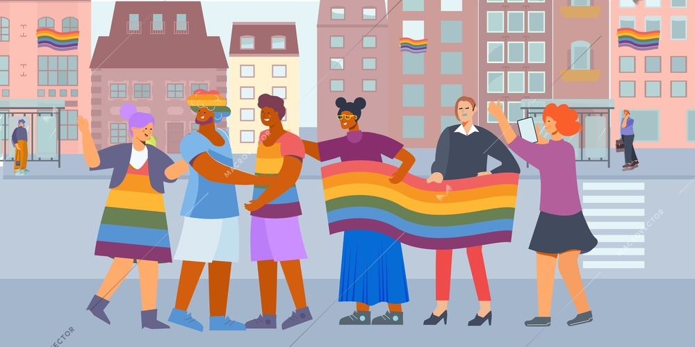 Discrimination lgbt flat composition with urban street scenery and group of young activists with rainbow flags vector illustration