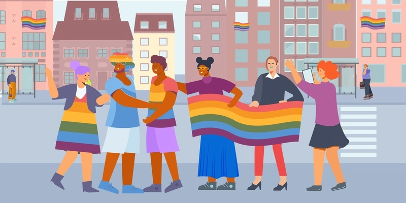 Discrimination lgbt flat composition with urban street scenery and group of young activists with rainbow flags vector illustration