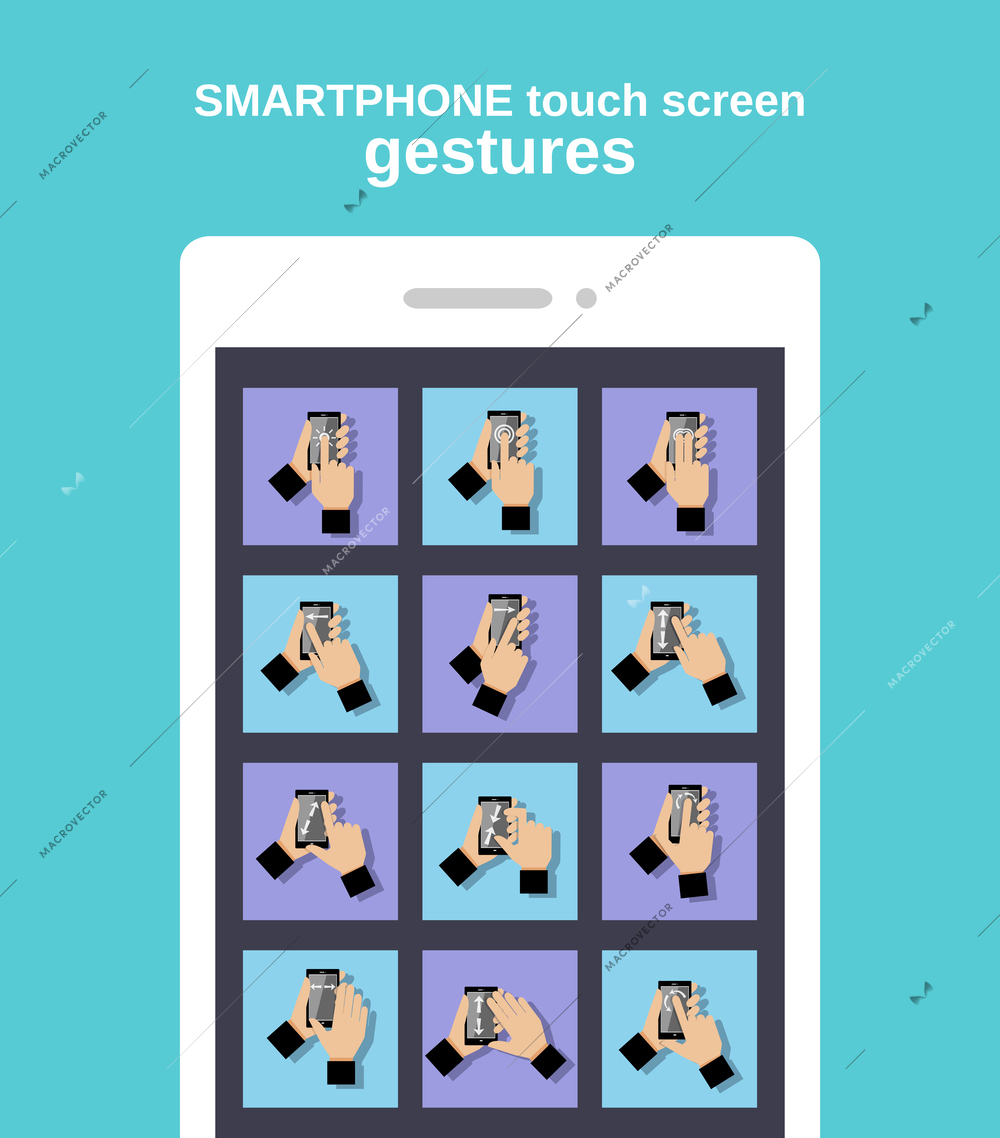 Touch interface hand gestures icons on smartphone mobile vector illustration