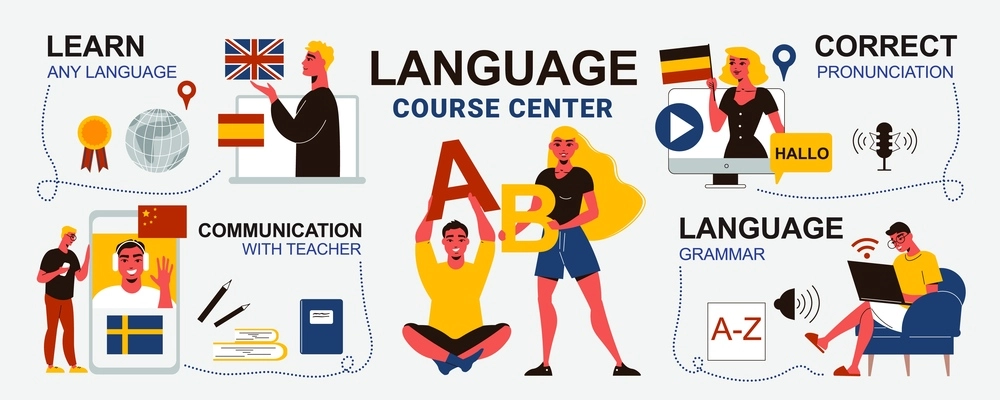 Language course infographics with editable text captions and human characters of students holding letters and flags vector illustration