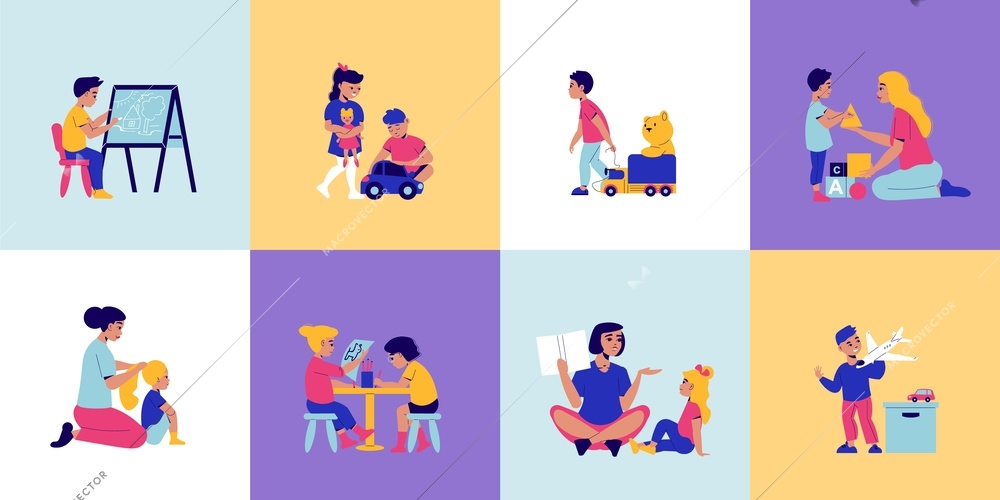 Kindergarten design concept with set of square compositions with kids characters playing with toys and nanny vector illustration