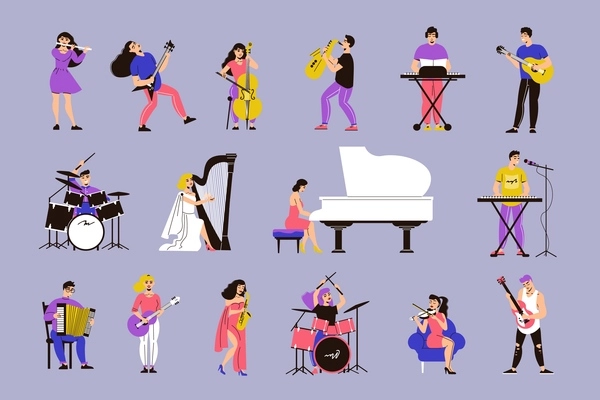 Musicians color set of isolated icons with human characters of men and women playing music instruments vector illustration