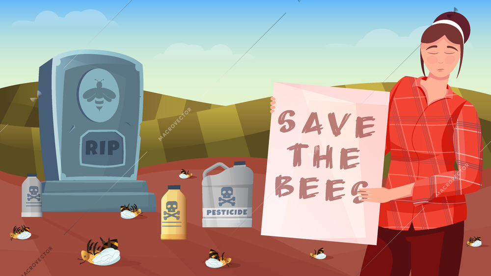 Save the bees horizontal composition with woman holding poster die bees and cans with pesticide vector illustration