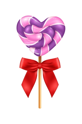 Realistic lollipop red bow composition with isolated image of candy on stick with heart shaped top vector illustration