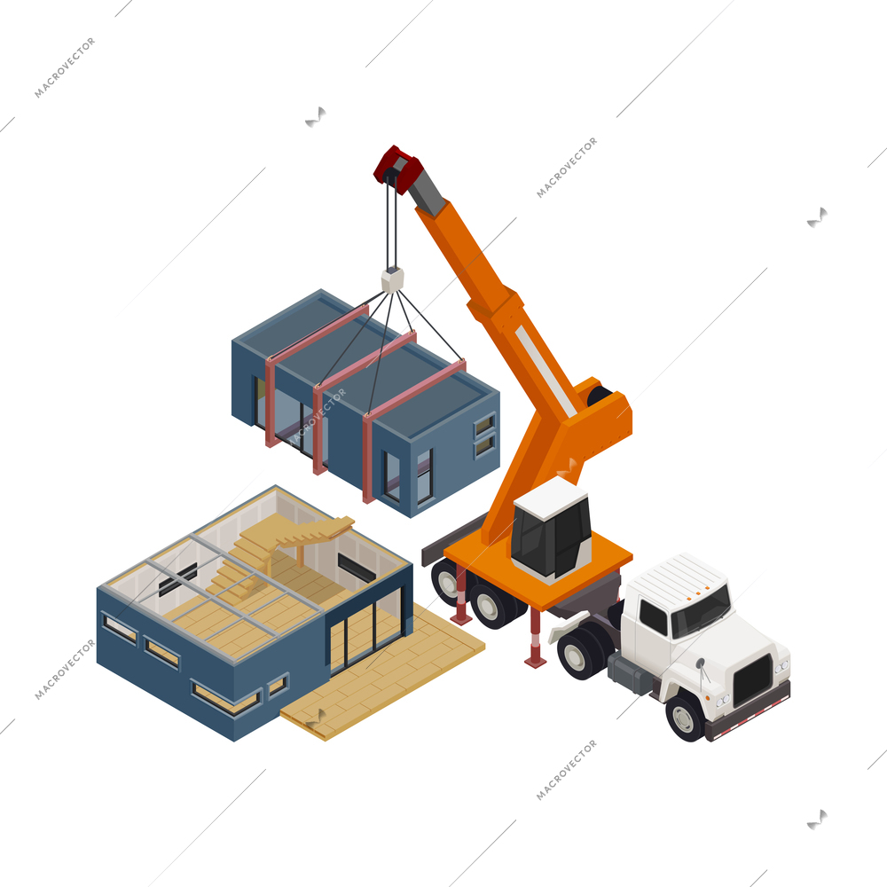 Modular frame building isometric composition with truck crane moving house section vector illustration