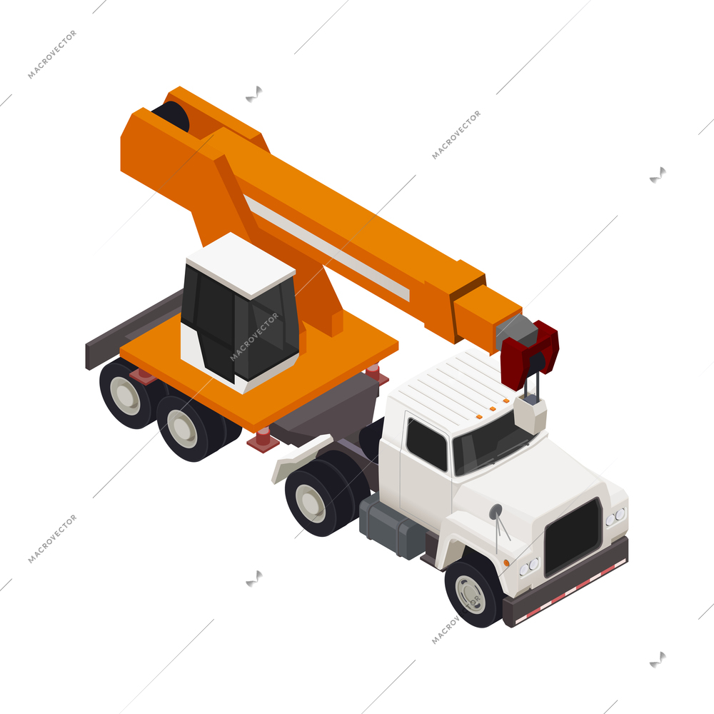 Modular frame building isometric composition with building truck with crane vector illustration