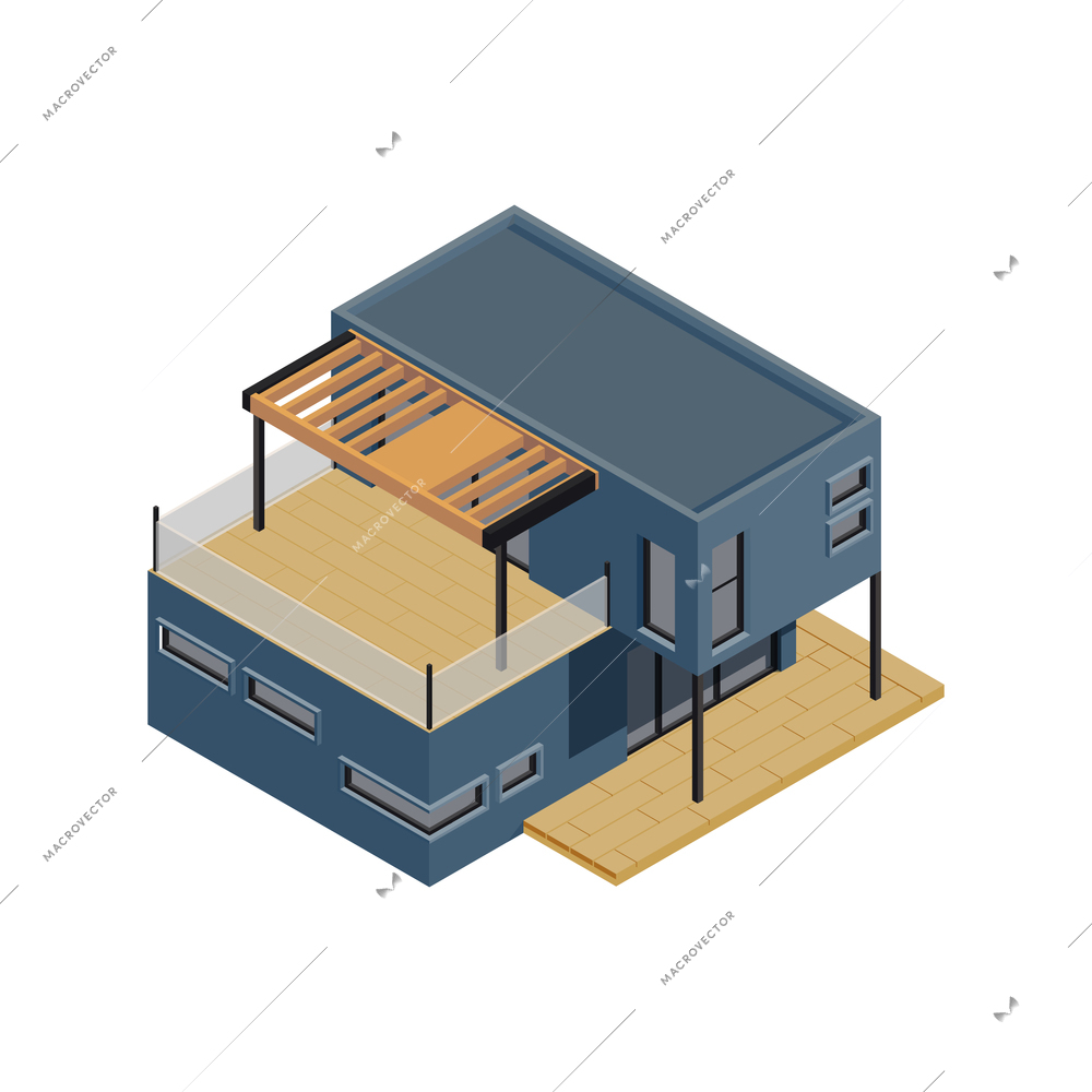 Modular frame building isometric composition with isolated image of modern cottage made from modules vector illustration