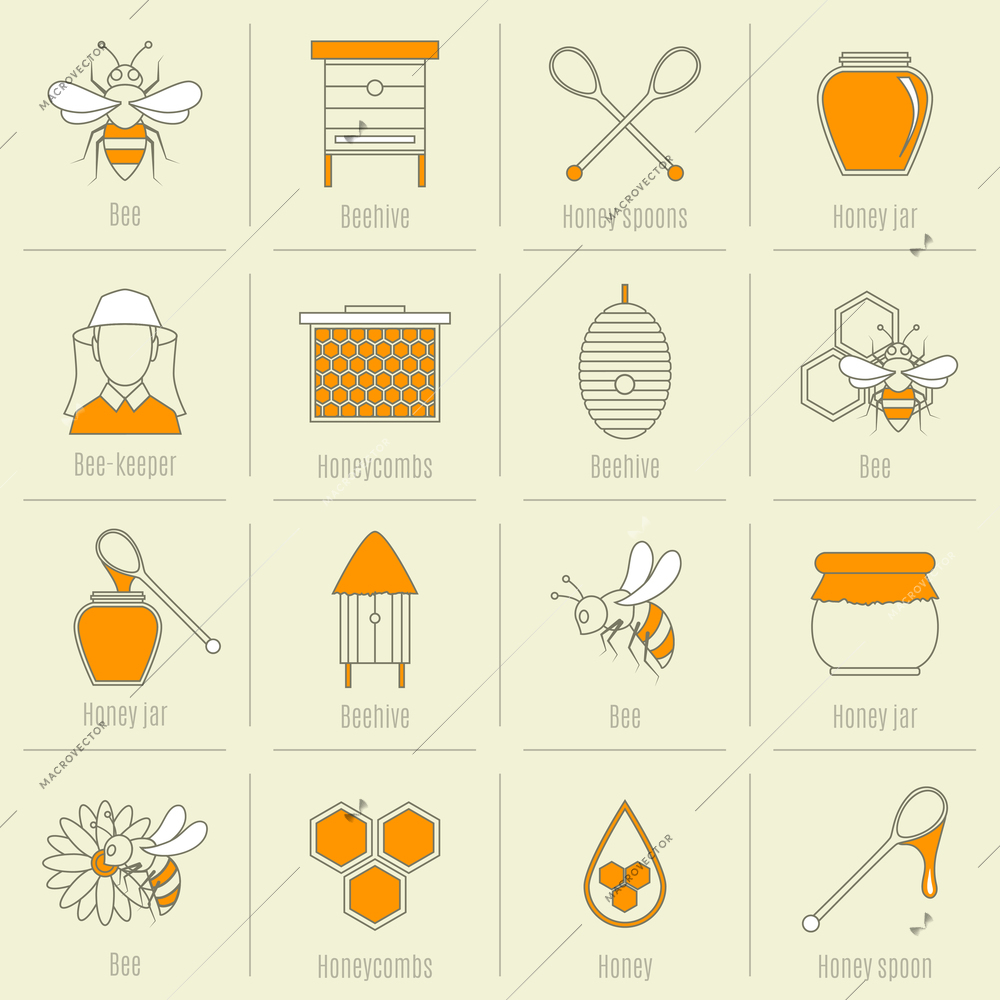 Bee honey icons flat line set with beehive spoon jar isolated vector illustration