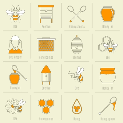 Bee honey icons flat line set with beehive spoon jar isolated vector illustration