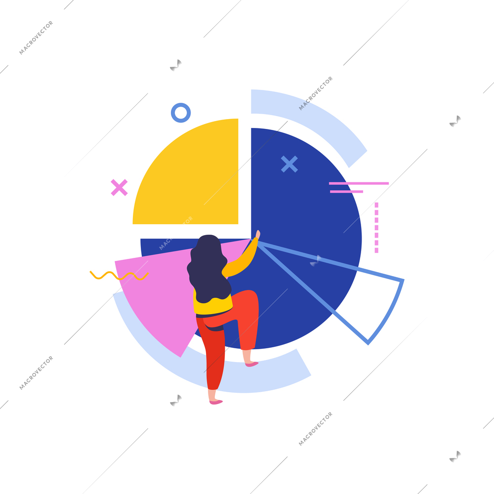 Data analysis flat composition with isolated circle graph and female character vector illustration