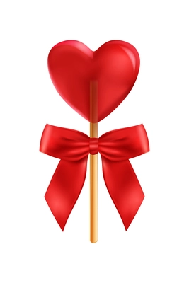 Realistic lollipop red bow composition with isolated image of heart shaped candy on stick vector illustration