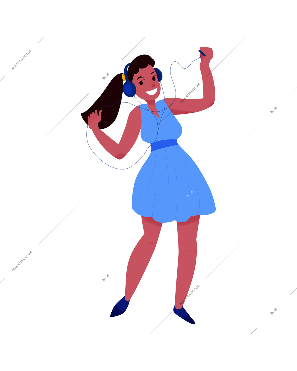 People headphones listen music composition with isolated human character of dancing girl in headphone vector illustration