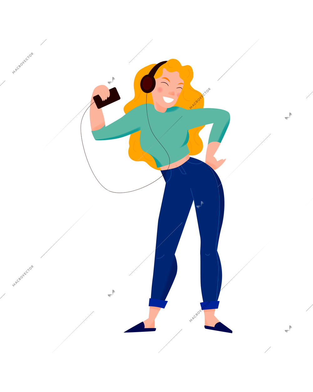 People headphones listen music composition with isolated human character of posing girl in big headphone vector illustration