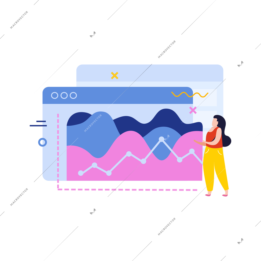 Data analysis flat composition with female character near computer windows with graphs vector illustration