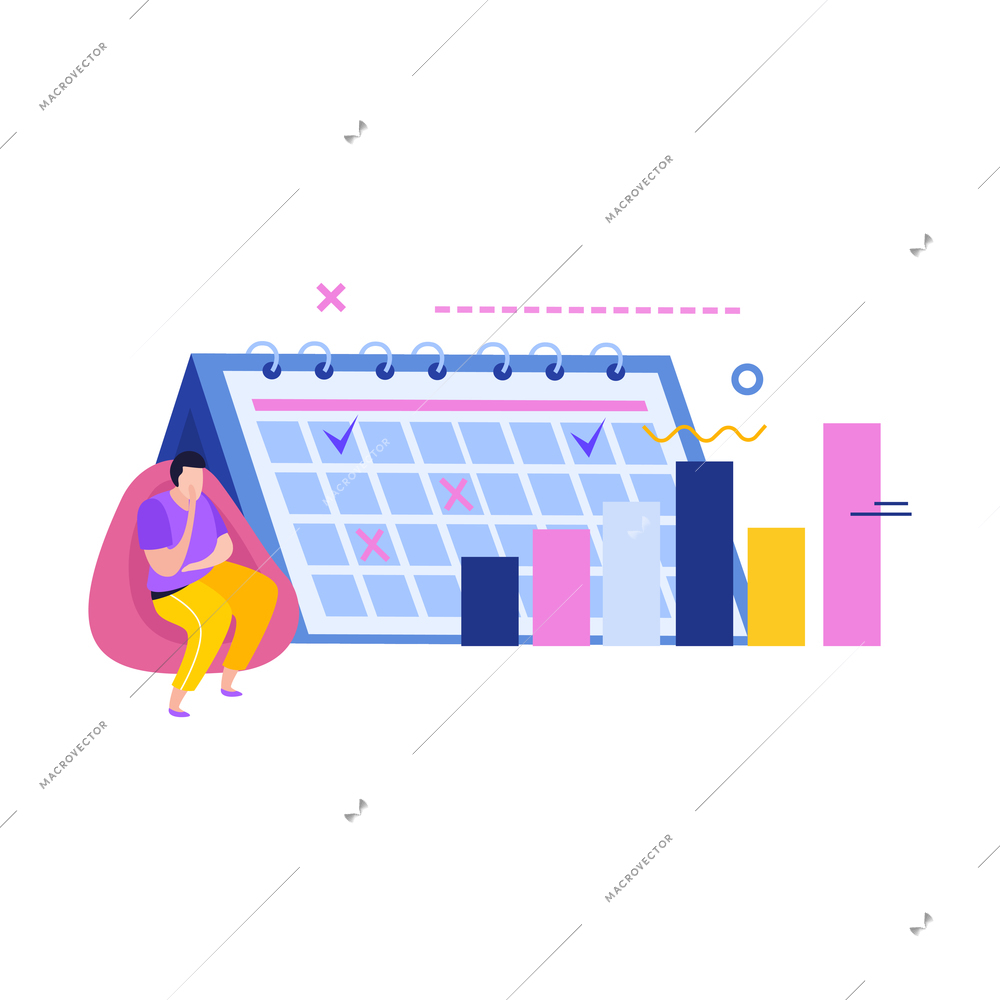 Data analysis flat composition with images of flip calendar bar charts marks and human vector illustration