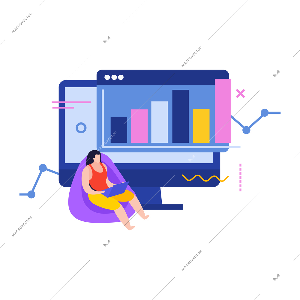 Data analysis flat composition with desktop computer image with bar chart graphs and female character vector illustration