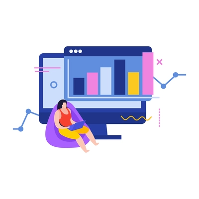 Data analysis flat composition with desktop computer image with bar chart graphs and female character vector illustration