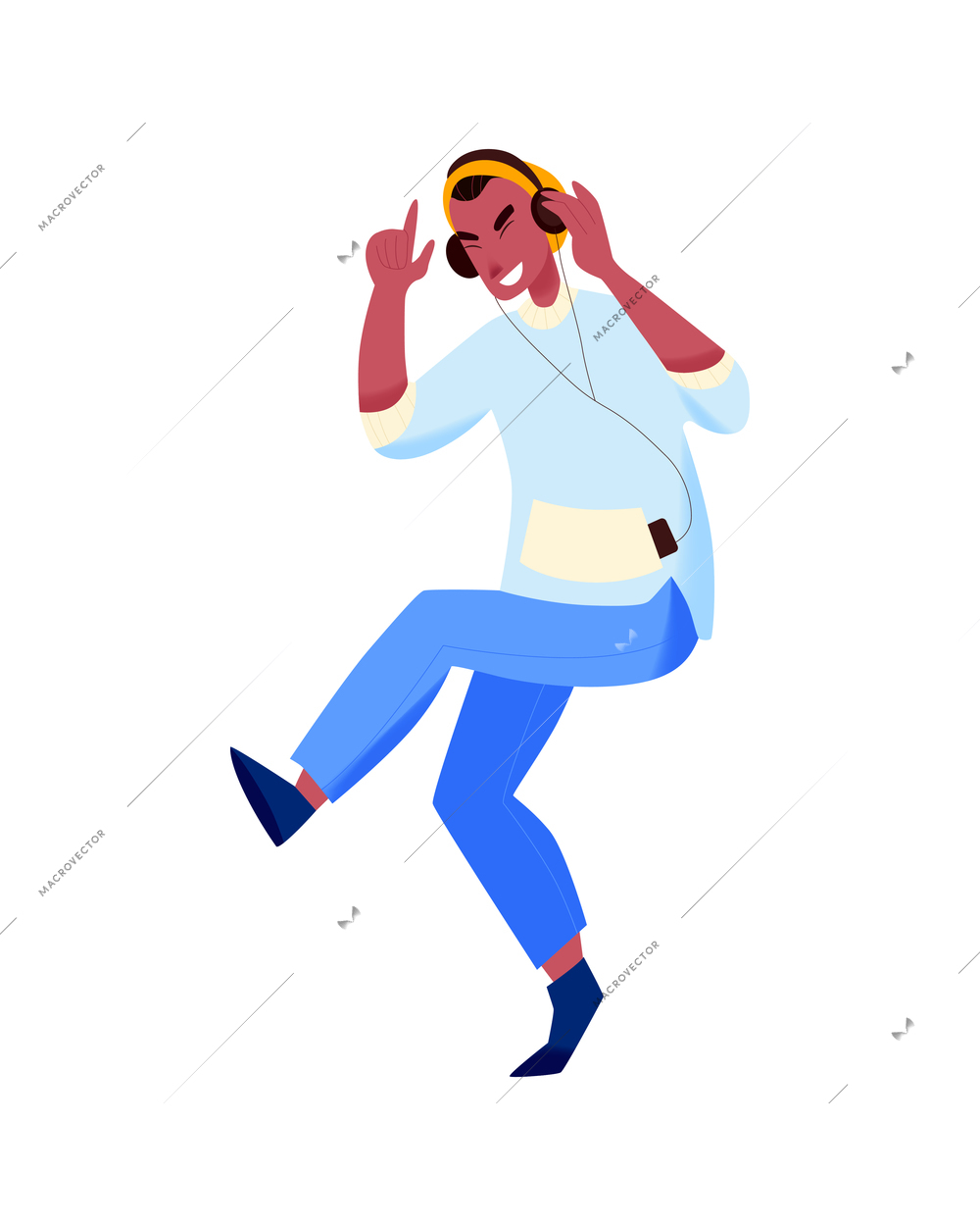People headphones listen music composition with isolated human character of guy dancing in headphone vector illustration