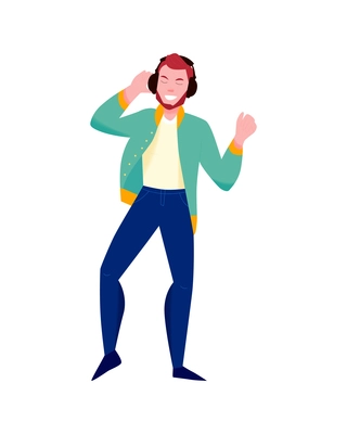 People headphones listen music composition with isolated human character of guy wearing phones vector illustration