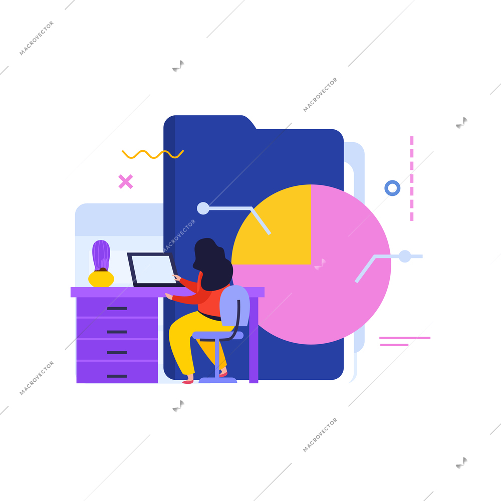 Data analysis flat composition with elements of workplace and female character with folder and circle graph vector illustration